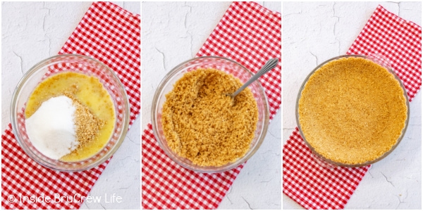 Three photos collaged together showing how to make a sugar cone crust.