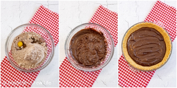 Three photos collaged together showing how to make a brownie pie.