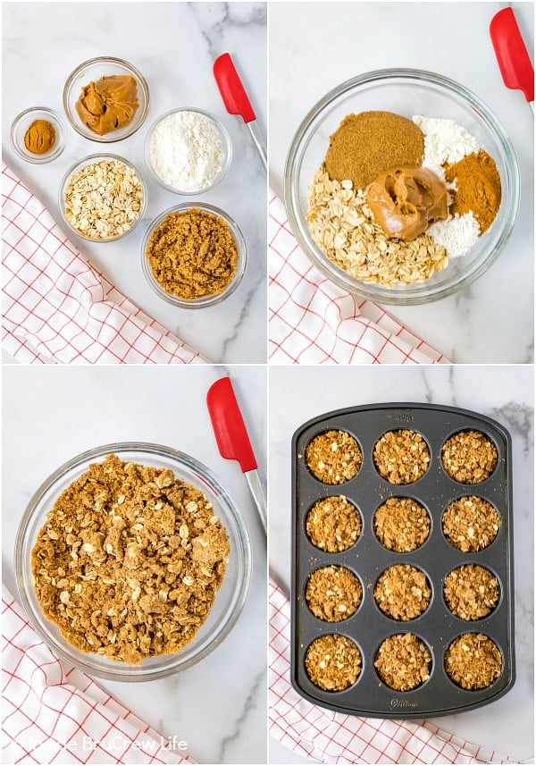 Four pictures collaged together showing how to make the crumble for apple biscoff muffins