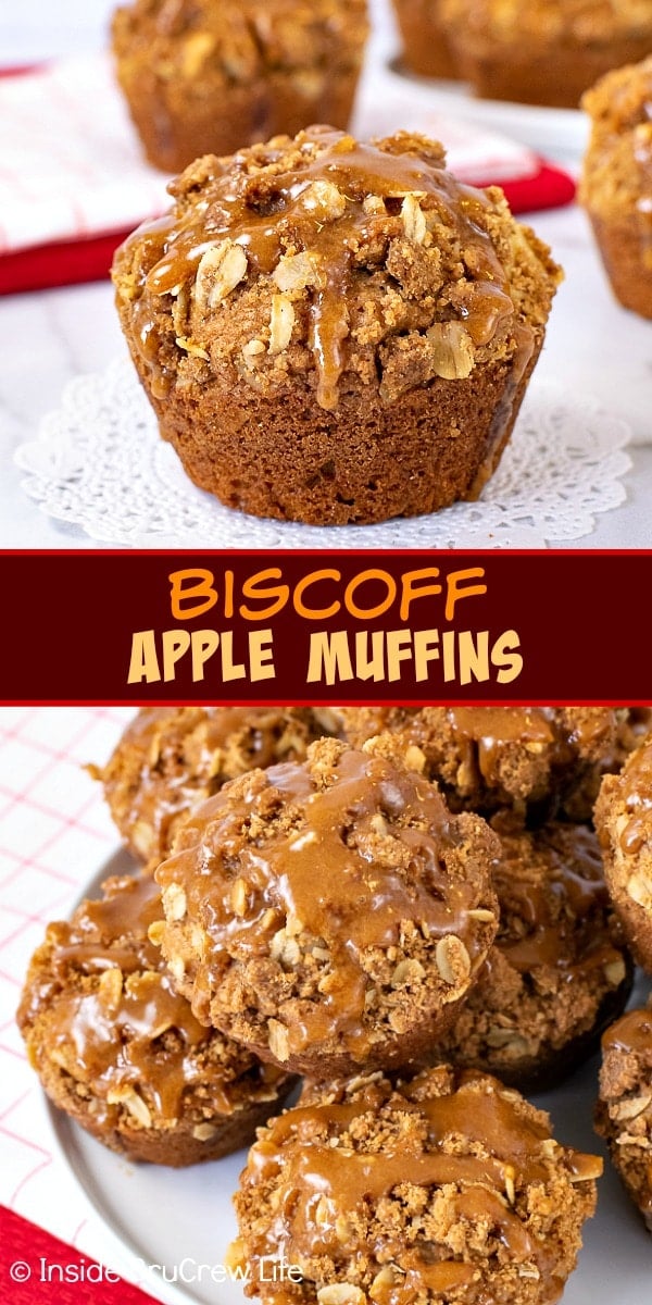 Two pictures of Biscoff Apple muffins collaged together with a burgundy text box