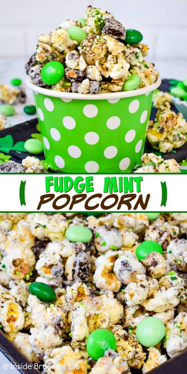 2 pictures of white chocolate popcorn mixed with green candies and mint cookies.