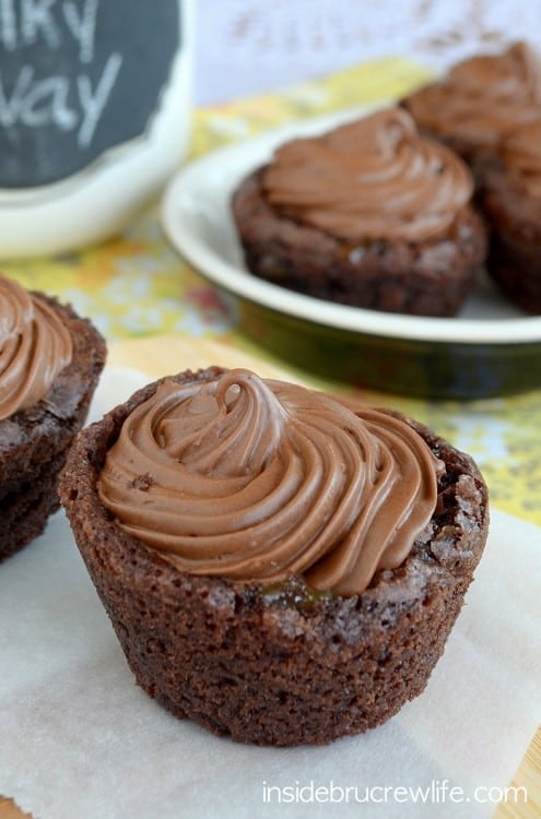 These little brownie bites are filled with caramel and a whipped chocolate topping making them taste like a Milky Way candy bar.