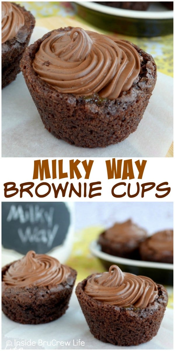 Caramel centers and whipped chocolate make these little Milky Way Brownie Cups a fun surprise treat.
