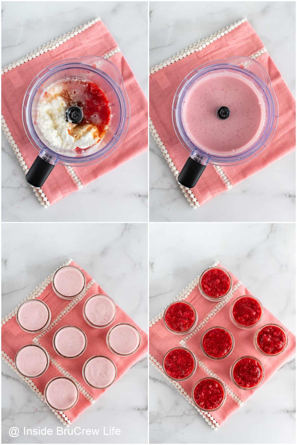 Step by step photos showing how to make no bake strawberry cheesecake cups.