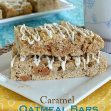 A plate with two caramel oatmeal bars stacked on it