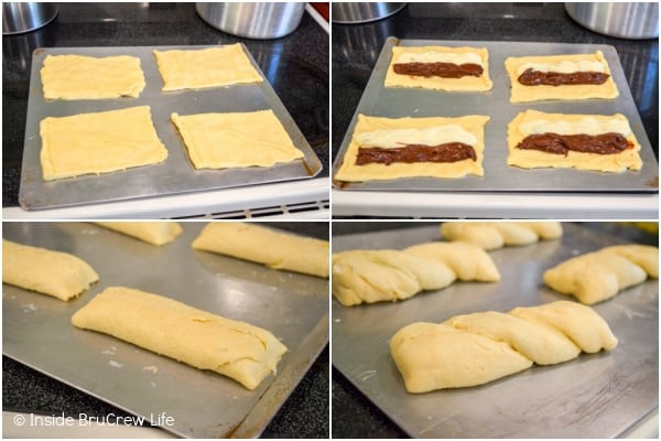 Four pictures showing how to make cheesecake nutella twists collaged together.