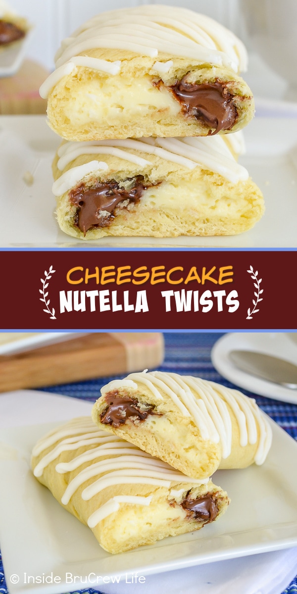 Two pictures of Cheesecake Nutella Twists collaged together with a brown text box.