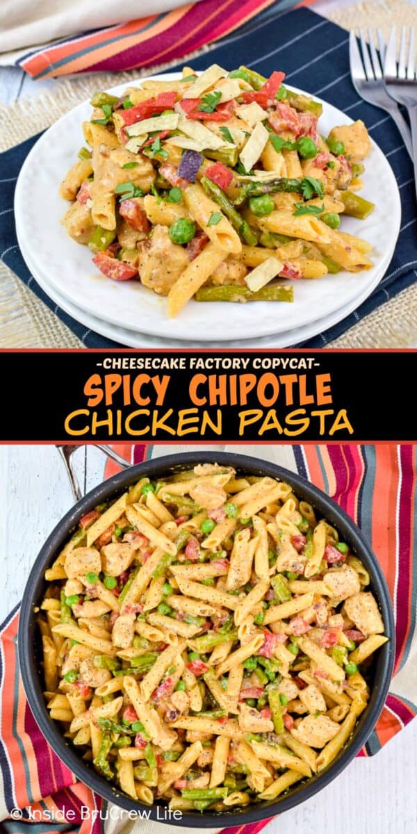 Spicy Chipotle Chicken Pasta - this easy skillet meal is full of chicken and veggies in a creamy pasta sauce. Try this easy copycat recipe and watch it become a family favorite! #pasta #copycat #thecheesecakefactory #chipotle #chicken