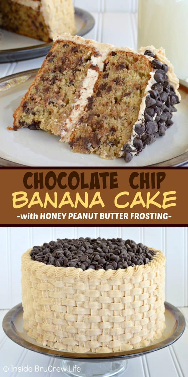 Chocolate Chip Banana Cake with Honey Peanut Butter Frosting - chocolate chips and homemade peanut butter frosting make this the best banana cake you will ever have! Make this delicious layer cake for parties and events! #layercake #peanutbutterfrosting #basketweave