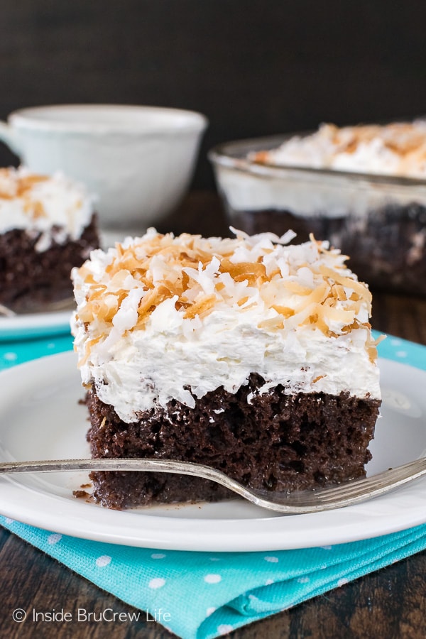 Chocolate Coconut Cake - sweet chocolate cake topped with three kinds of coconut! Great cake recipe for spring or summer!