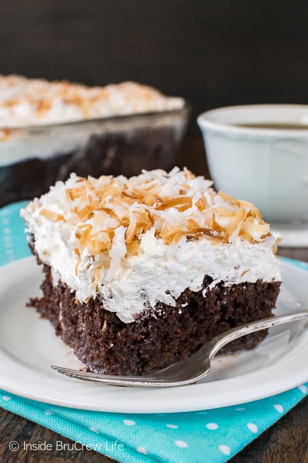 Chocolate Coconut Cake - this easy chocolate cake is loaded with coconut goodness. Great dessert recipe!