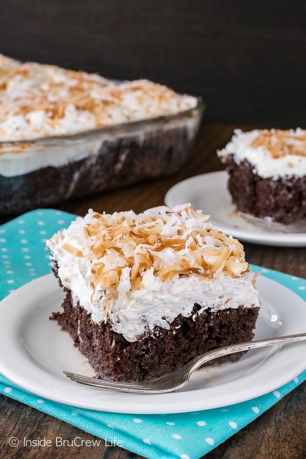 Chocolate Coconut Cake - this easy chocolate cake is topped with three kinds of coconut! Great dessert recipe for spring or summer!