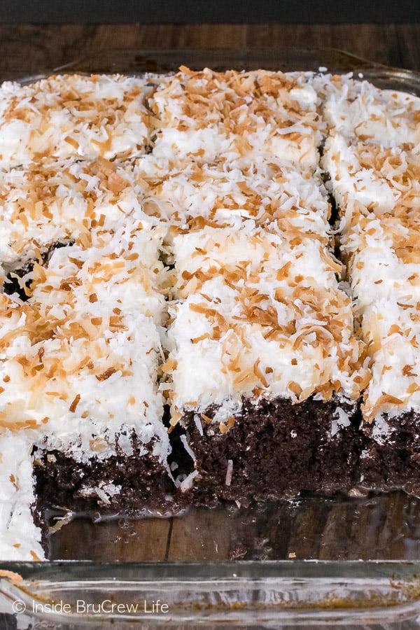 Chocolate Coconut Cake - this chilled chocolate coconut cake it topped with three kinds of coconut goodness! Great dessert recipe!