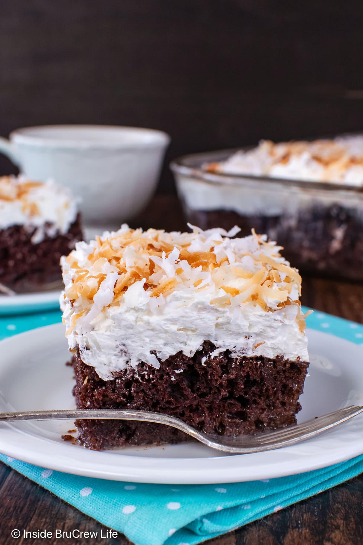 A white plate with a slice of chocolate coconut cake on it.