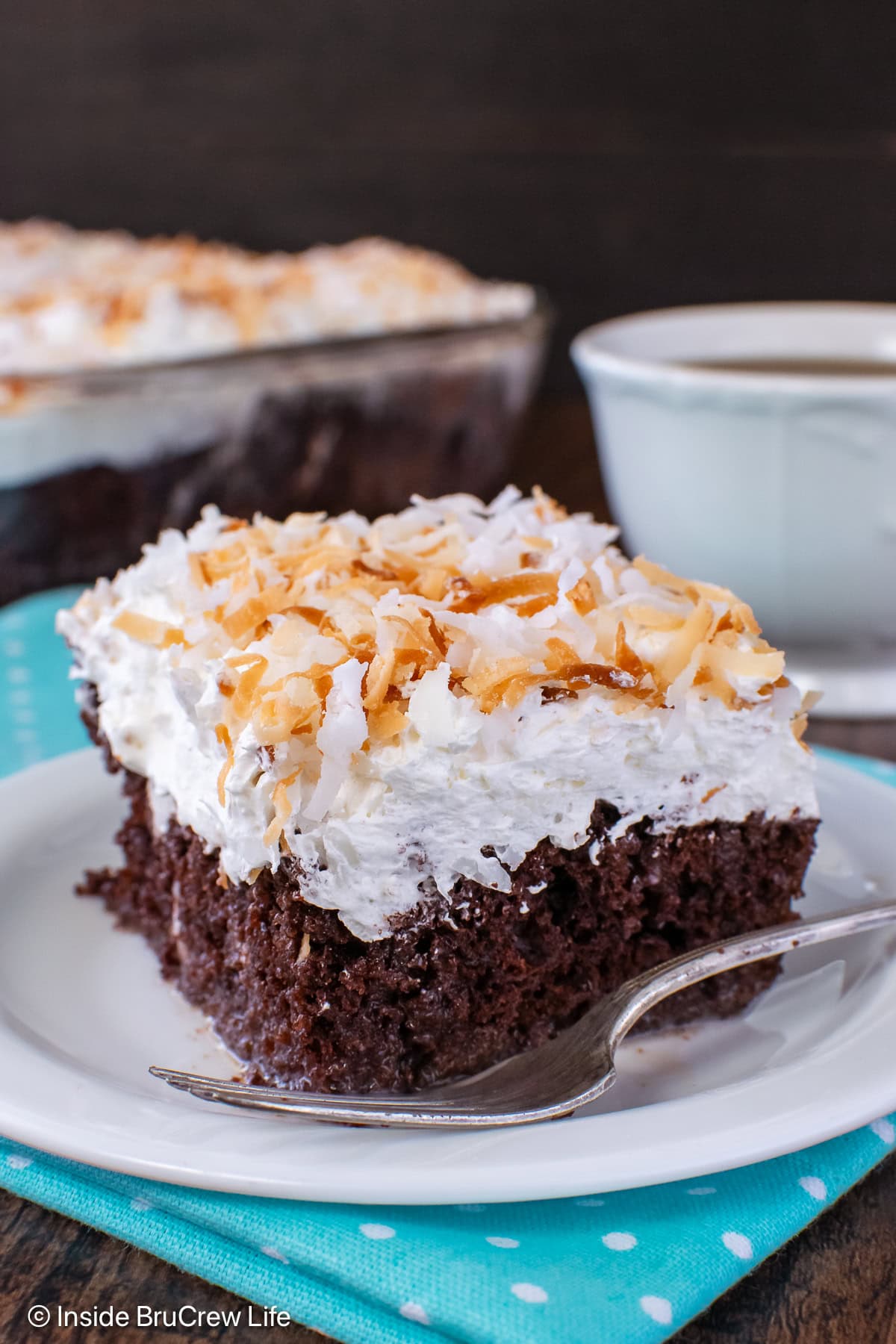 A slice of chocolate cream of coconut cake on a white plate.