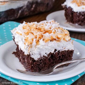 A slice of chocolate cream of coconut cake on a white plate.
