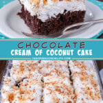 Two pictures of chocolate cream of coconut cake collaged with a teal text box.