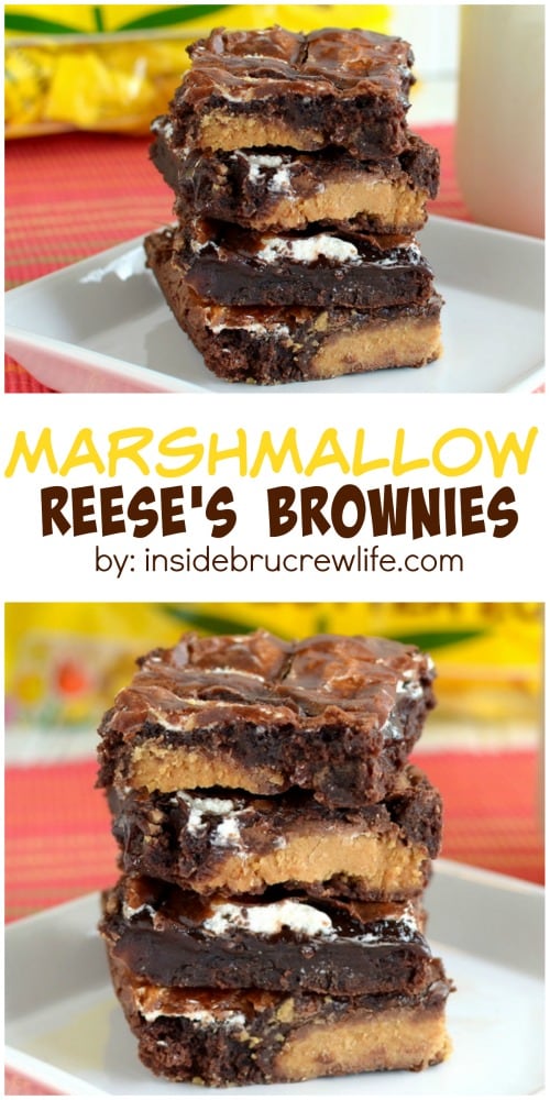 2 pictures of marshmallow brownies with Reese's separated by a text box.