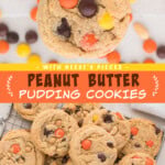 Two pictures of peanut butter pudding cookies collaged with an orange text box.