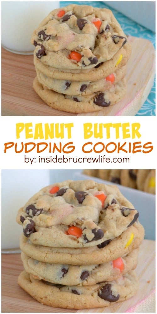 Soft and chewy peanut butter pudding cookies with chocolate chips and Reese's. Good luck not eating all of them!