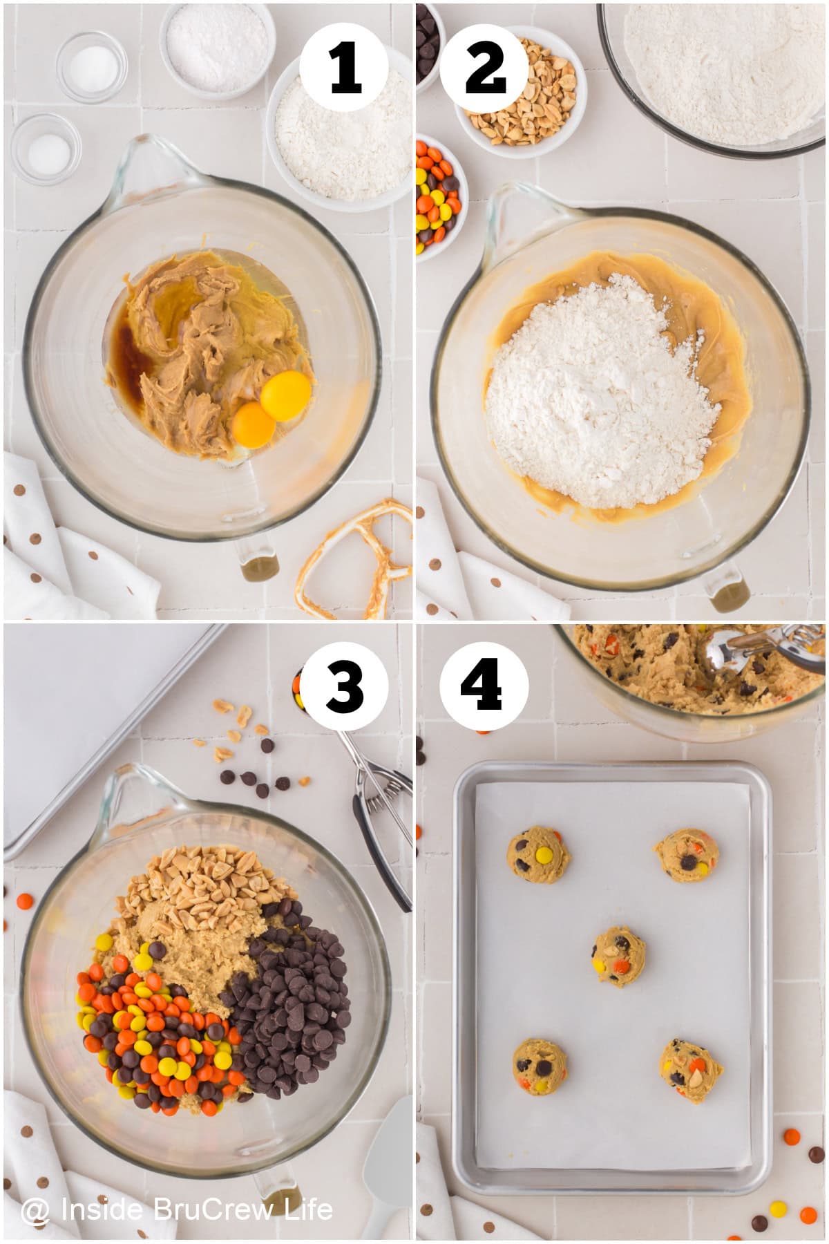 Four pictures collaged together showing how to make peanut butter pudding cookies.