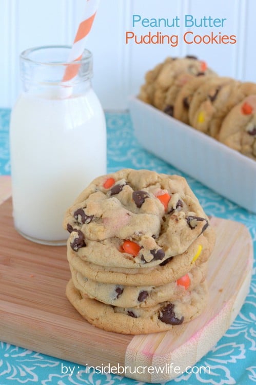 Soft and chewy peanut butter pudding cookies with chocolate chips and Reese's. Good luck not eating all of them!