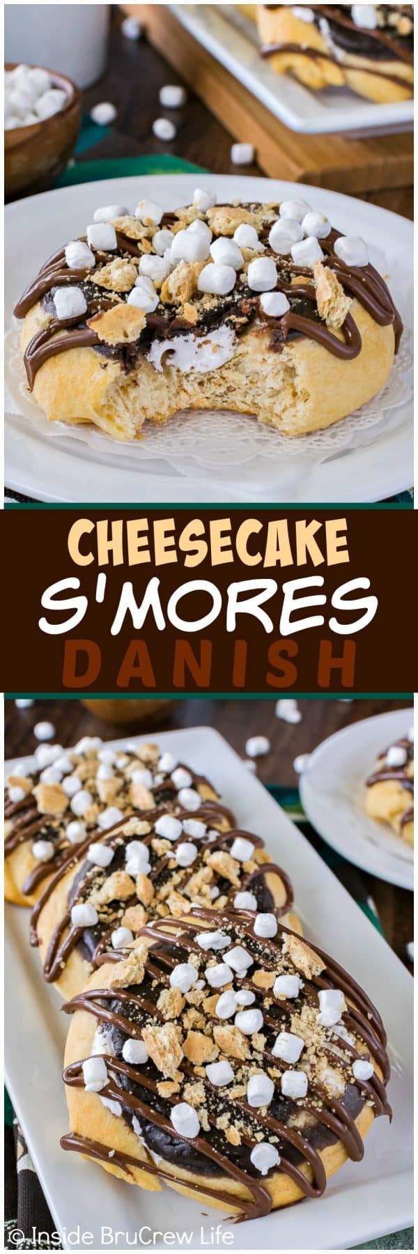 Cheesecake S'mores Danish - these sweet rolls are filled with marshmallow and chocolate. Easy recipe to make for breakfast or afternoon snack! #breakfast #danish #cheesecake #donut #smores #brunch