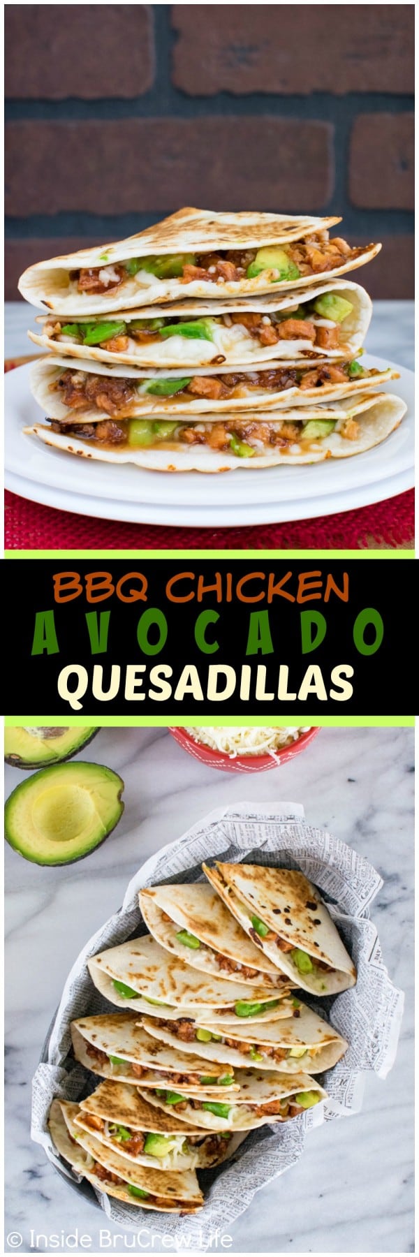 BBQ Chicken & Avocado Quesadillas - melted cheese, barbecue chicken, & avocados make an easy dinner recipe. Great meal idea for busy nights!