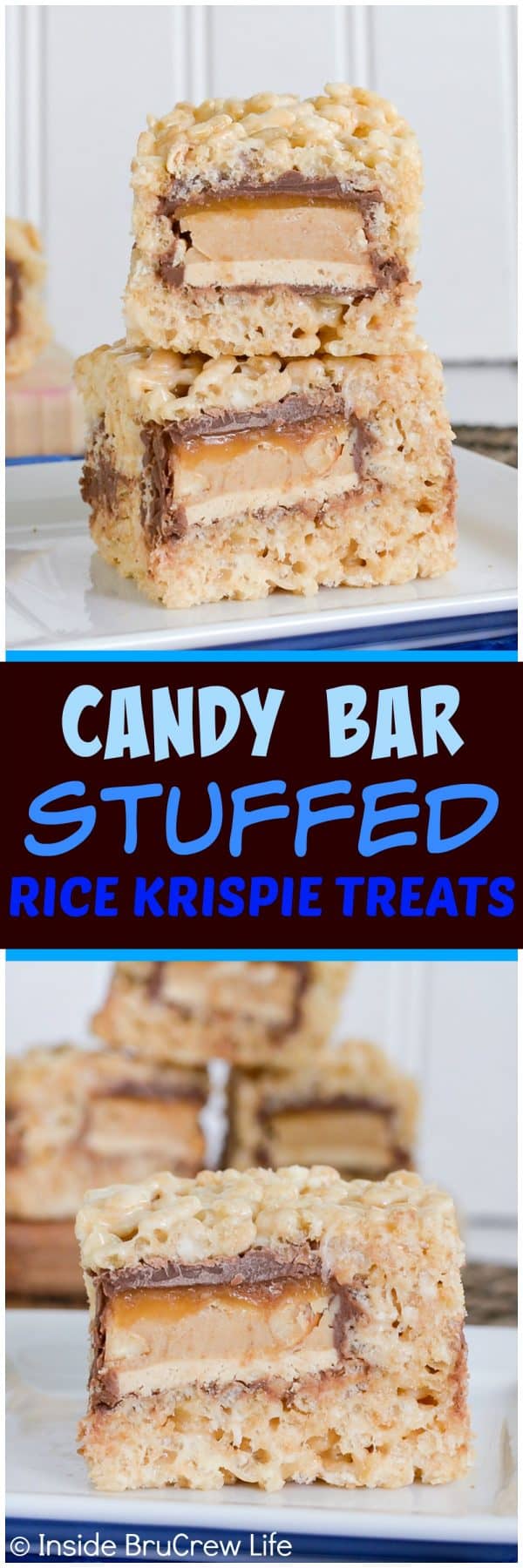 Candy Bar Stuffed Rice Krispie Treats - these easy no bake treats have a layer of candy bars hidden in the center. Easy dessert recipe for parties and picnics.