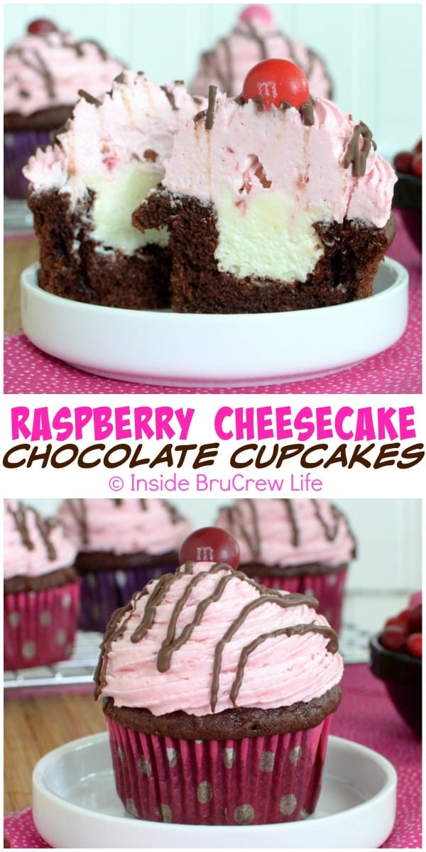 Raspberry Cheesecake Chocolate Cupcakes - a hidden cheesecake center and raspberry frosting makes this cupcake recipe a fun dessert to share