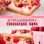 Two pictures of strawberry cheesecake bars collaged with a pink text box.