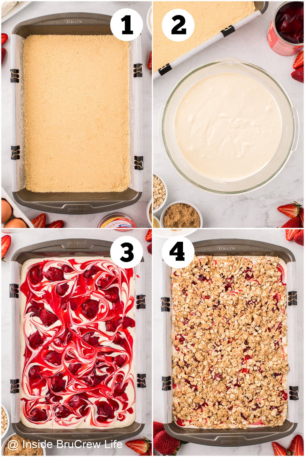 Four pictures collaged together showing how to make cheesecake bars with strawberry pie filling.