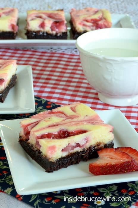 Strawberry Cheesecake Brownies - chocolate, cheesecake, and strawberry make these delicious bars a great recipe for any party or picnic