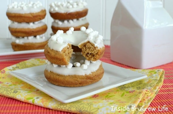 These easy baked Sweet Potato Donuts are loaded with spices and topped with white chocolate. Great fall breakfast recipe.