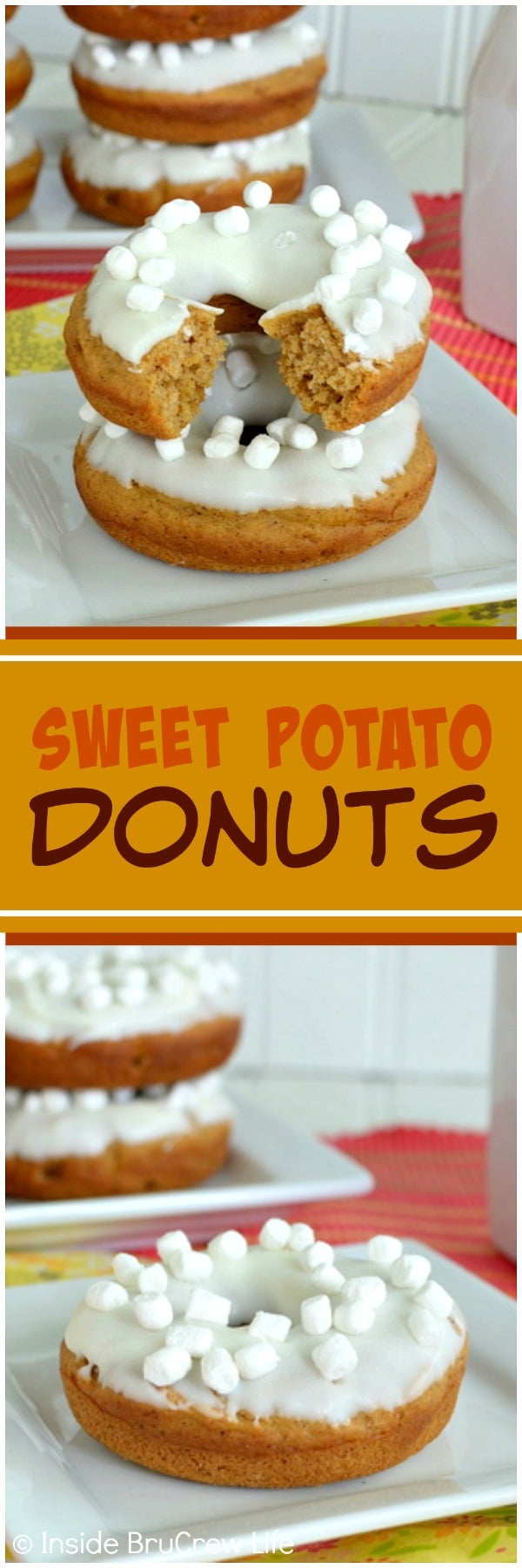 Sweet Potato Donuts - these easy baked donuts are loaded with spices and topped with white chocolate & marshmallow bits. Great fall breakfast recipe!