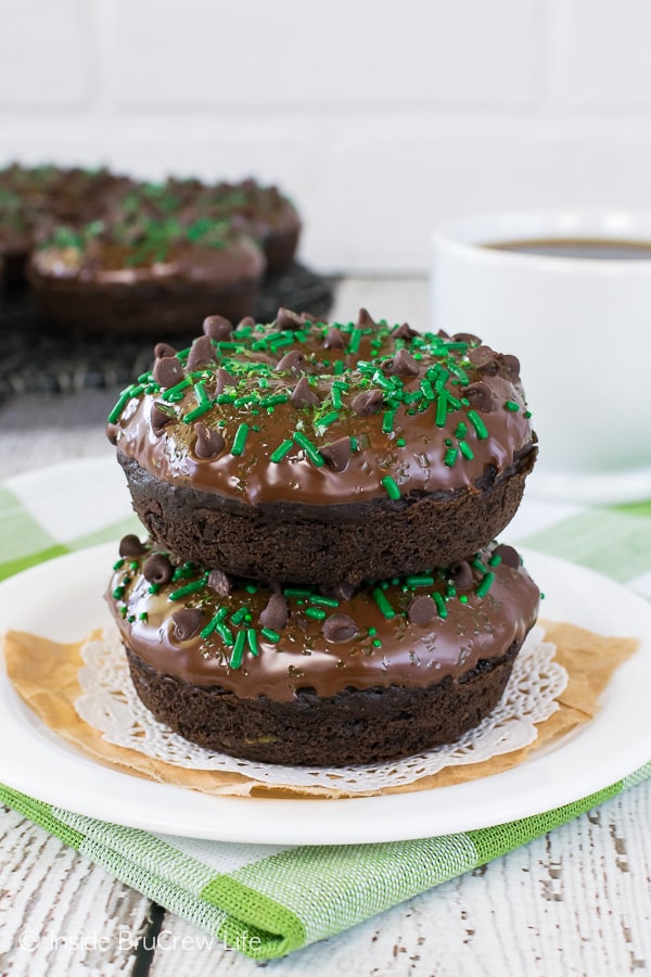 Two frosted baked chocolate donuts on a white plate.