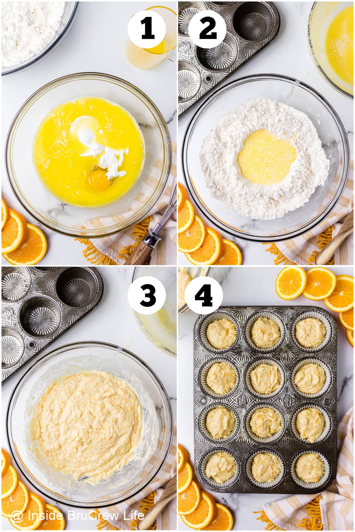Four pictures collaged together showing how to make muffins with orange juice and zest.