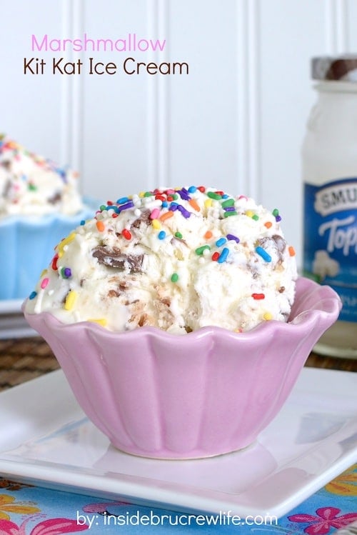 This easy no churn ice cream is loaded with marshmallow and Kit Kat candy bars. Perfect summer treat!