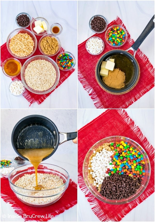 Four pictures collaged together showing how to make no bake M&M granola bars.