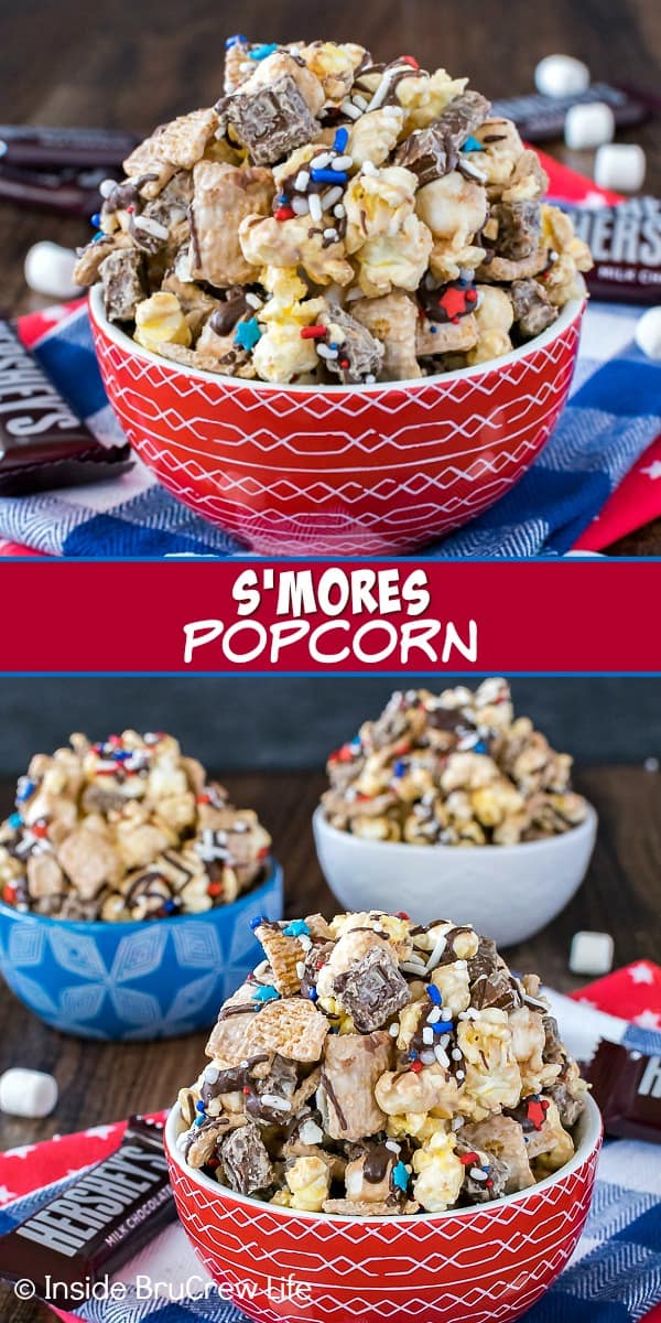 Two pictures of S'mores Popcorn collaged together with a red text box