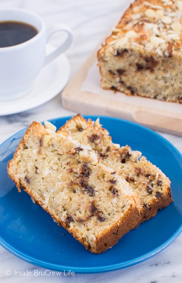 Almond Joy Banana Bread - Adding coconut, chocolate, and almonds makes this sweet bread a delicious way to use up ripe bananas. Make this easy recipe for breakfast or brunch! #bananabread #coconut #almondjoy #sweetbread #breakfast #banana