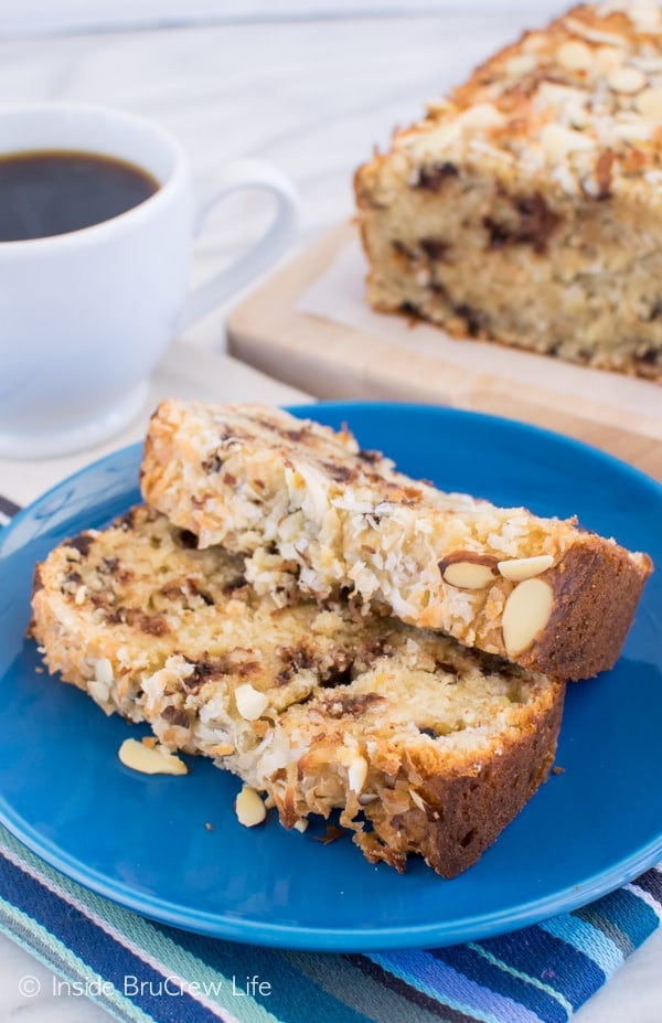 Almond Joy Banana Bread recipe - this sweet bread is a great way to use up ripe bananas. Easy recipe for breakfast or brunch! #bananabread #coconut #almondjoy #sweetbread #breakfast #banana