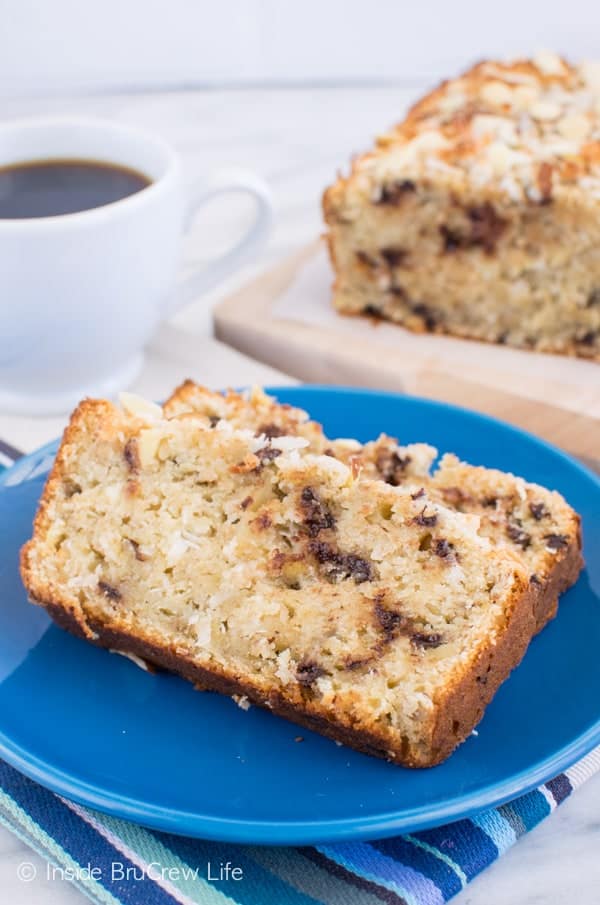 Almond Joy Banana Bread recipe - chocolate, coconut, & almonds add a fun flavor and texture to this sweet bread. Great recipe to make for breakfast or after school snacks! #bananabread #coconut #almondjoy #sweetbread #breakfast #banana