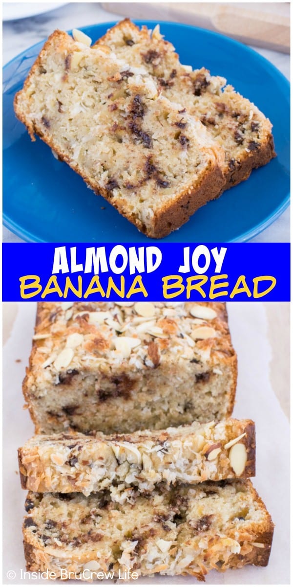 Almond Joy Banana Bread - adding plenty of coconut, chocolate, and almonds makes this sweet bread taste amazing. Make this recipe for breakfast or brunch! #bananabread #coconut #almondjoy #sweetbread #breakfast #banana