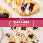 Two pictures of a blueberry danish with a pink text box.