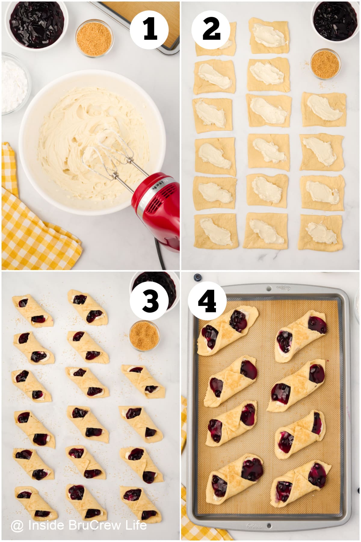 Four pictures collaged together showing how to make an easy danish recipe.