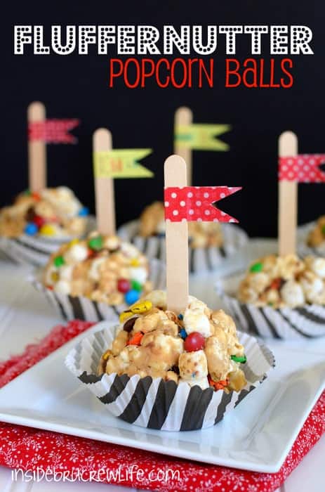 Fluffernutter Popcorn Balls - peanut butter and marshmallow turn popcorn into a delicious snack with a cute presentation  http://www.insidebrucrewlife.com
