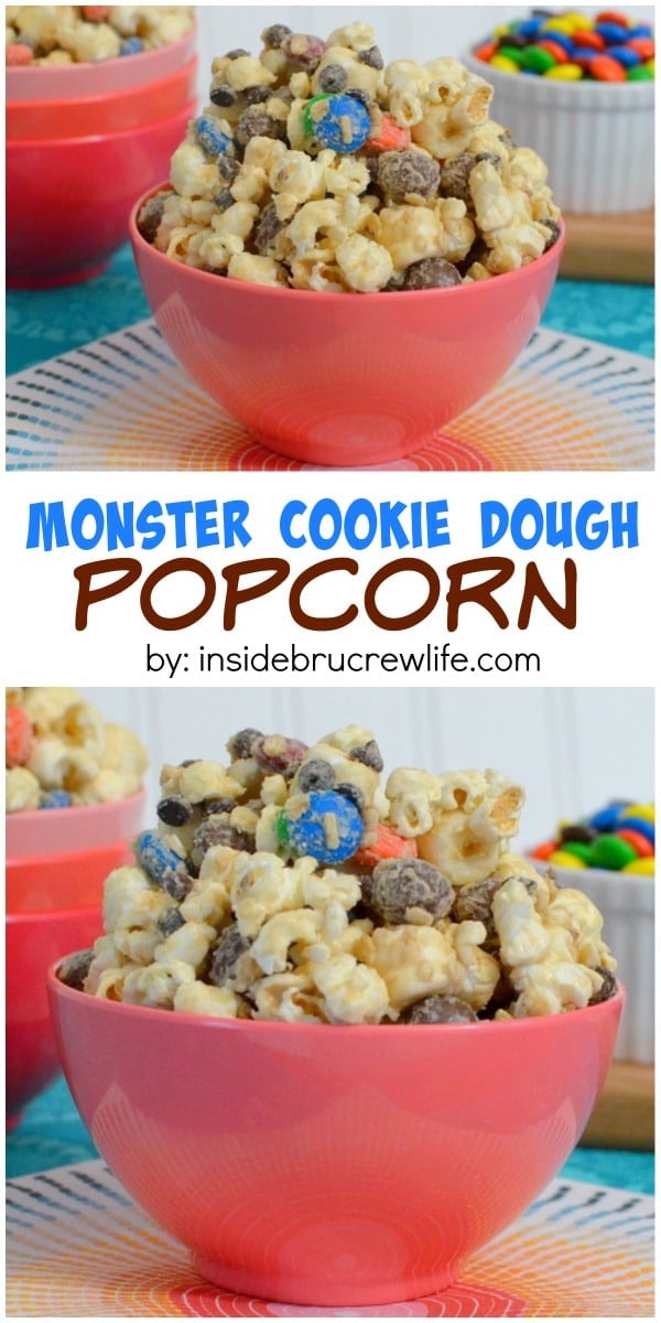 Monster Cookie Dough Popcorn - all the flavors of a monster cookie in a chocolate covered popcorn