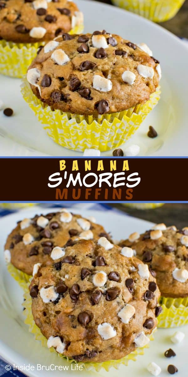 Banana S'mores Muffins - these easy banana muffins are loaded with chocolate chips and marshmallow bits. Such a delicious and easy recipe to make for breakfast! #banana #muffins #banana #smores #chocolate #marshmallows #backtoschool