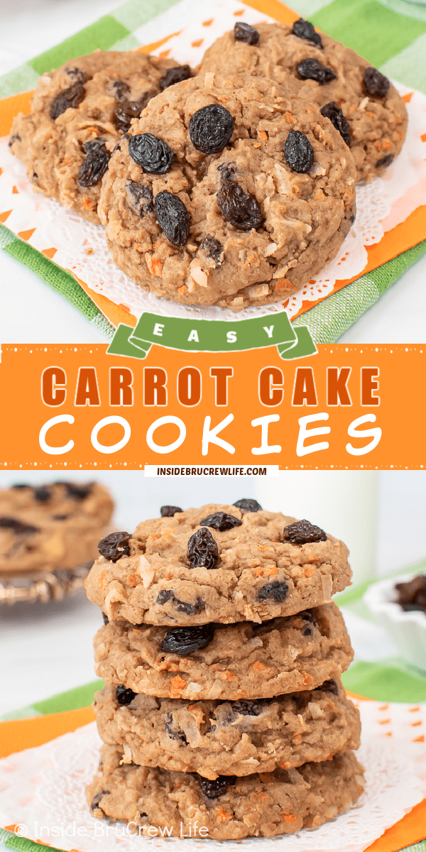 Two pictures of carrot cake cookies collaged together with an orange text box.